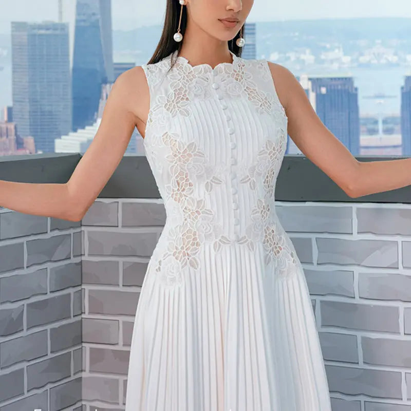 nancy lace embroidery pleated midi dress in white Avalabel