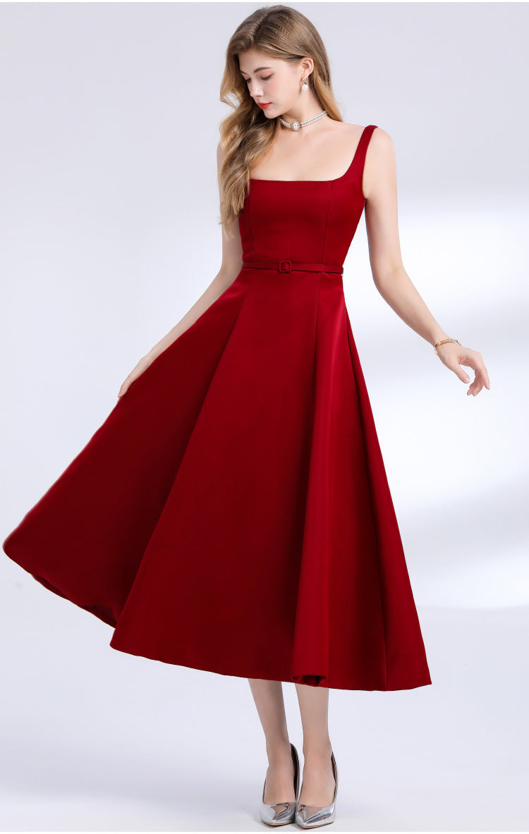 amelia square neck Satin Slip midi Dress - Red Avalabel