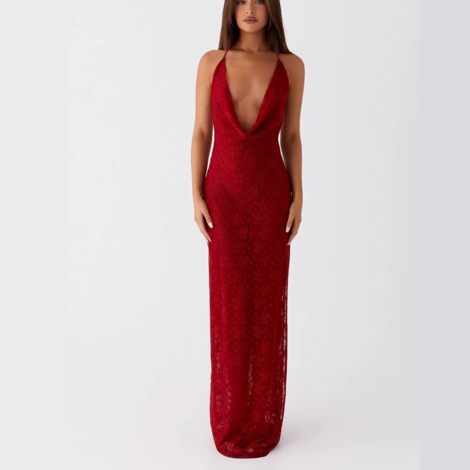 Lace-up Long Dress with Open Back and Spaghetti Straps - Red Avalabel
