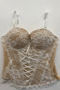 Adjustable Strap Two-Tone Floral Lace Front Lace-Up Cropped Corset Bustier Top sis label