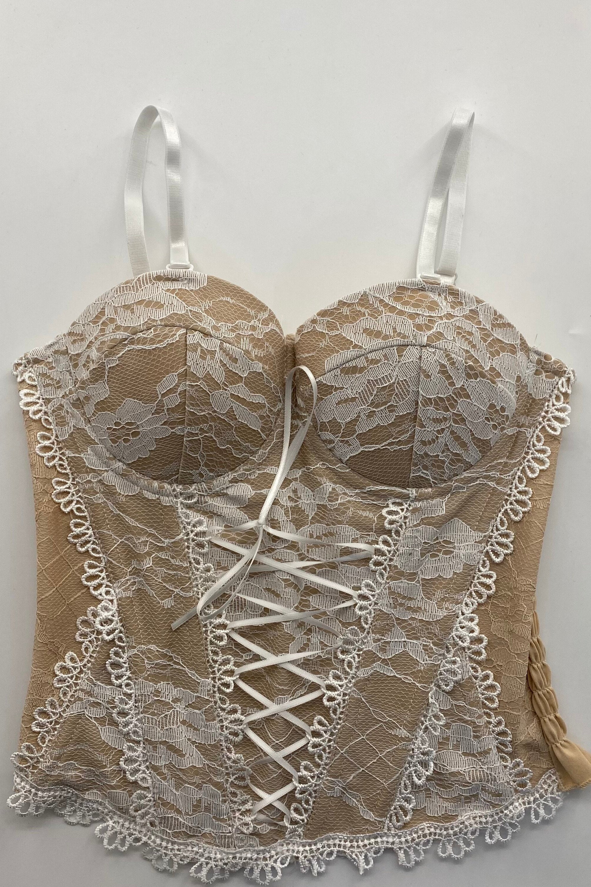 Adjustable Strap Two-Tone Floral Lace Front Lace-Up Cropped Corset Bustier Top sis label