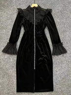 pandora black long sleeve Velvet midi dress with lace and pearls Avalabel