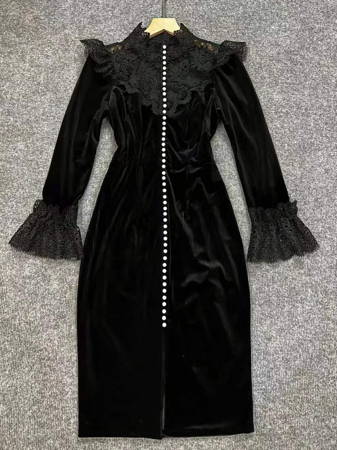 pandora black long sleeve Velvet midi dress with lace and pearls Avalabel