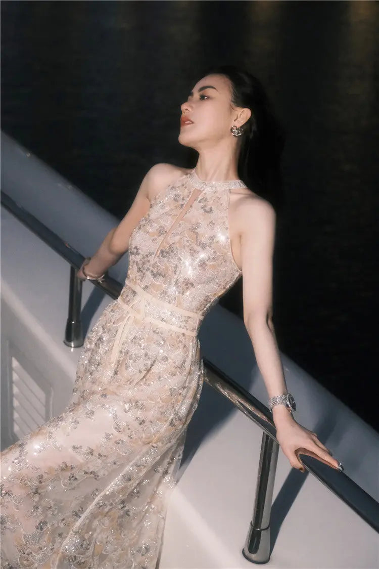 Gold Couture with Floral Embroidery Sequin Banquet Dress Avalabel