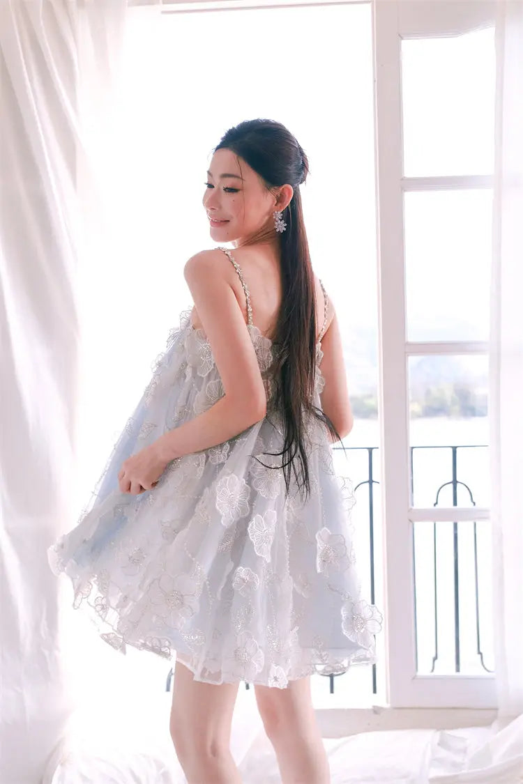 Tutu Light Blue Sleeveless Flower Diamond Short Doll Dress Avalabel