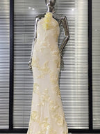 Nefertiti Pale Yellow Tulle Backless Party Mixi Dress Avalabel