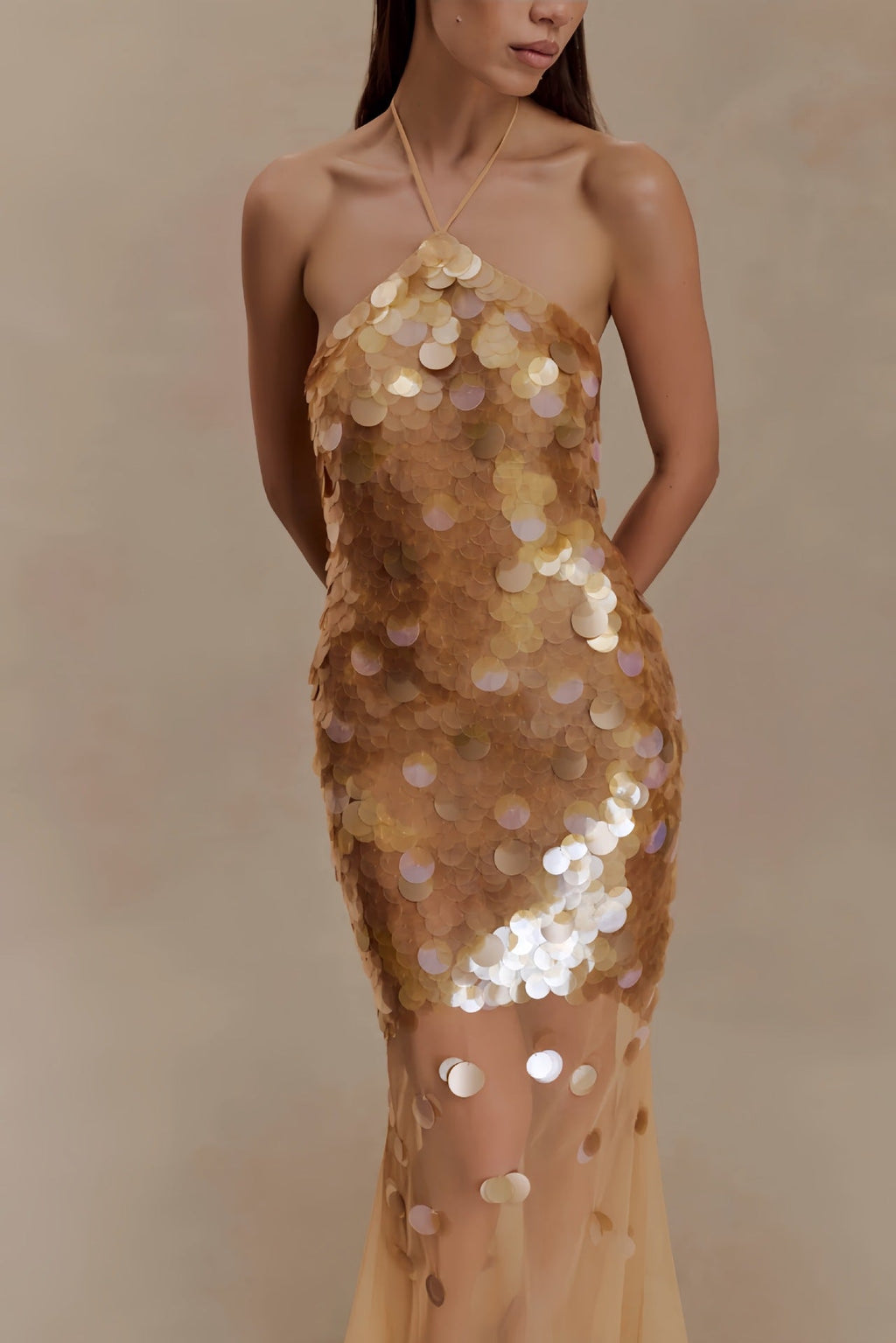 alva sequin Embellished backless Maxi Dress - Gold Avalabel