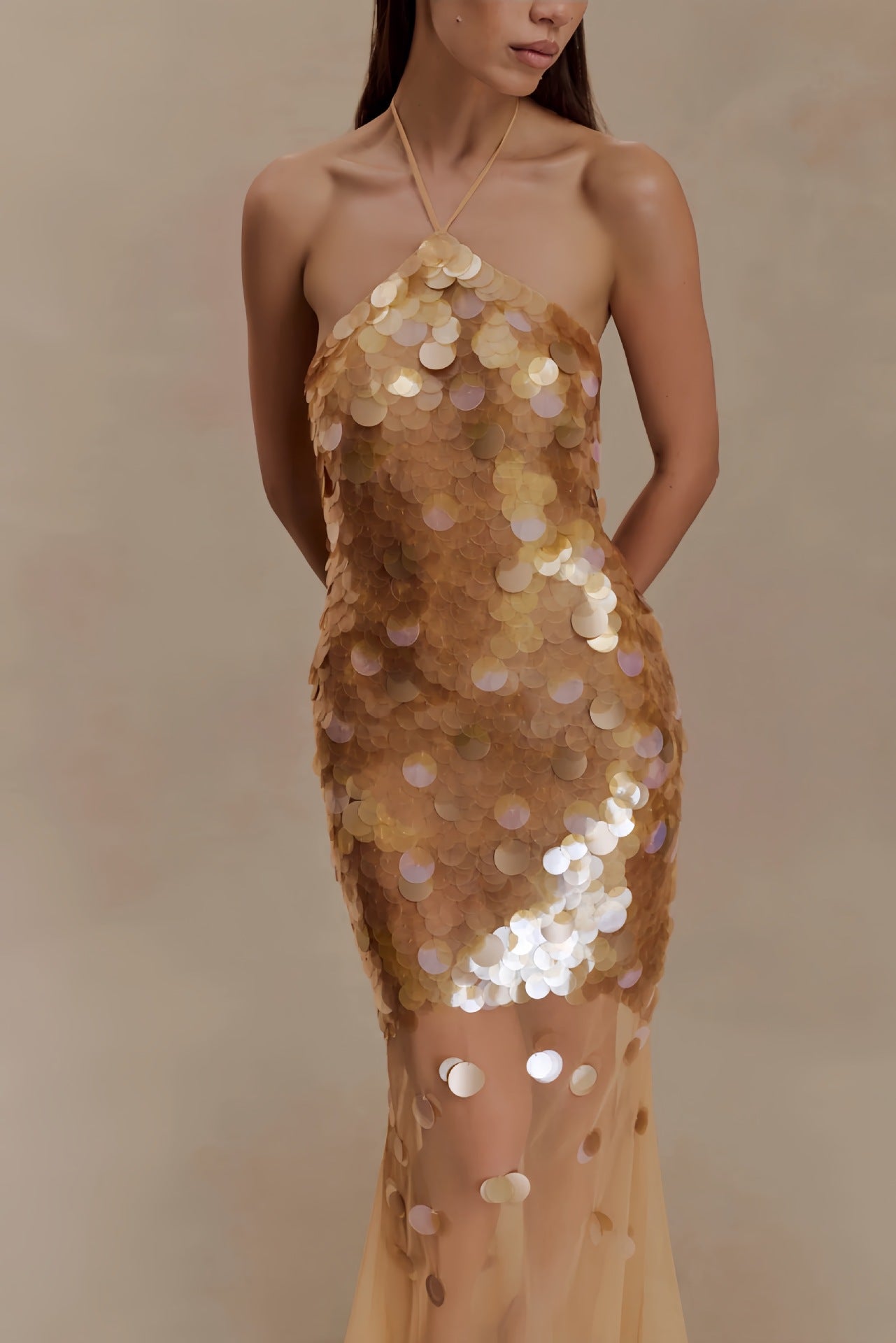 alva sequin Embellished backless Maxi Dress - Gold Avalabel