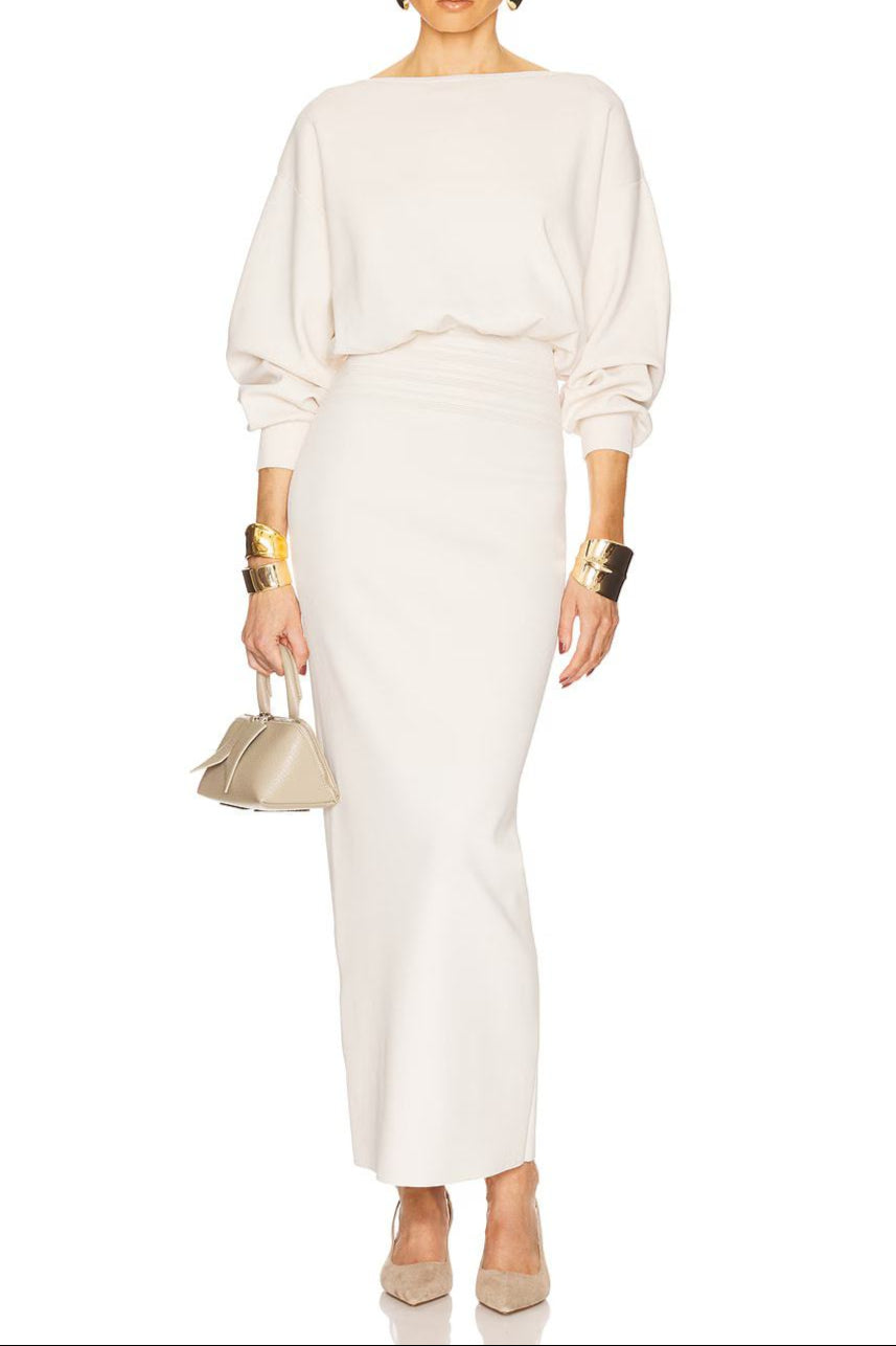 Edith High Elastic Long Hip Maxi Dress in White Avalabel