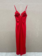 Rose Appliqué Strappy Maxi Dress in Red Avalabel