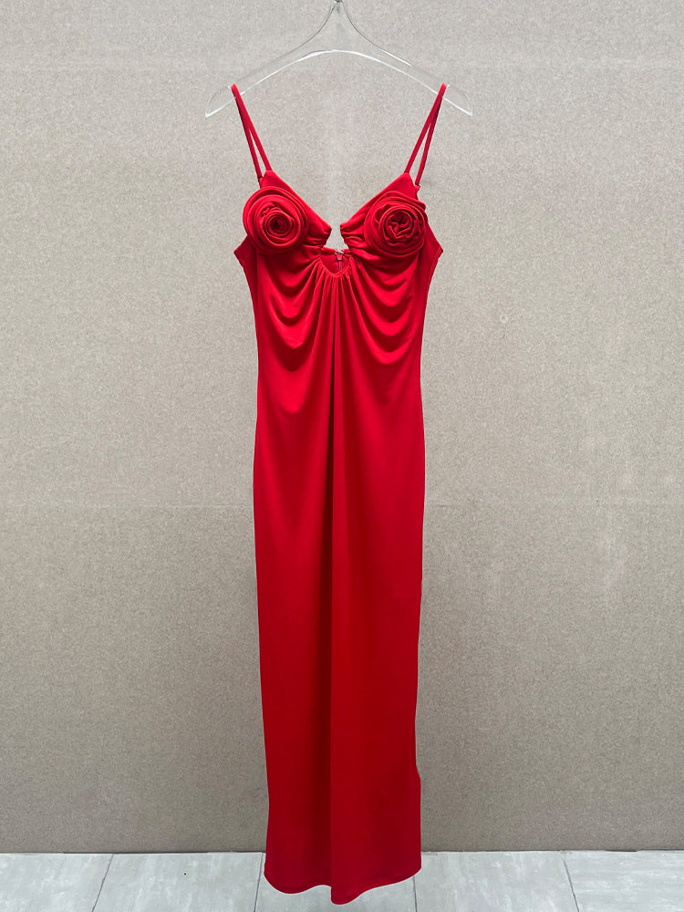 Rose Appliqué Strappy Maxi Dress in Red Avalabel