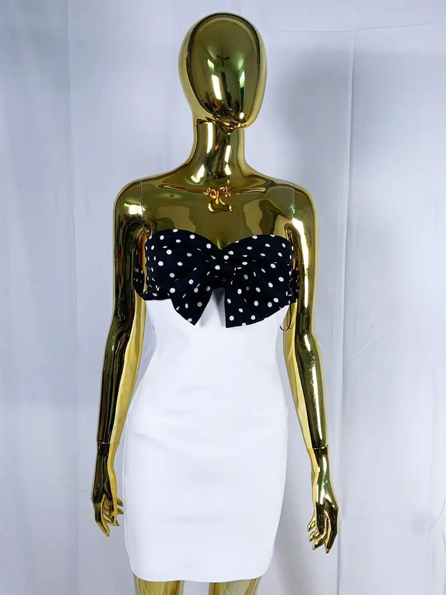 michaelia white Contour Sleeveless Polka Dot Contrast bow Bandage Mini Dress Avalabel