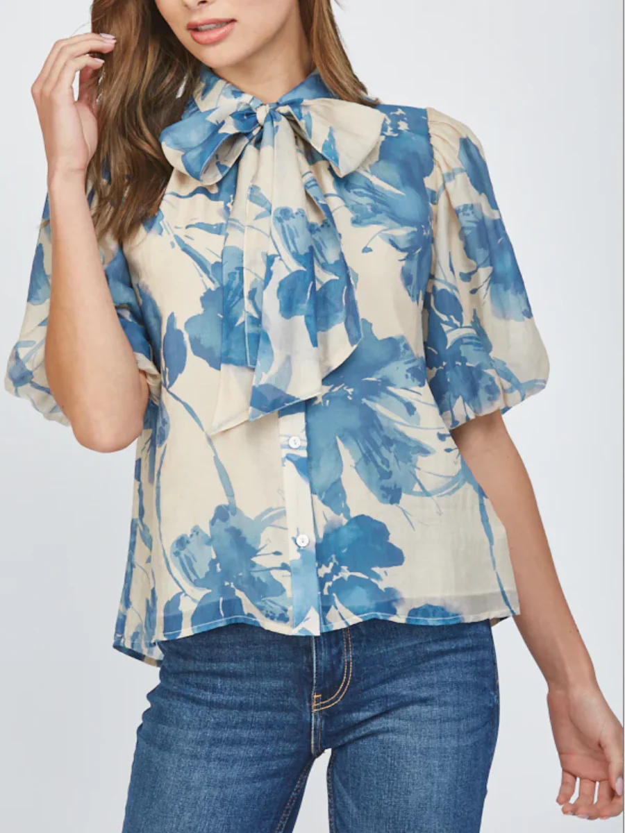 Beige & Blue Watercolor Floral Bow Neck Puff Sleeve Blouse Avalabel