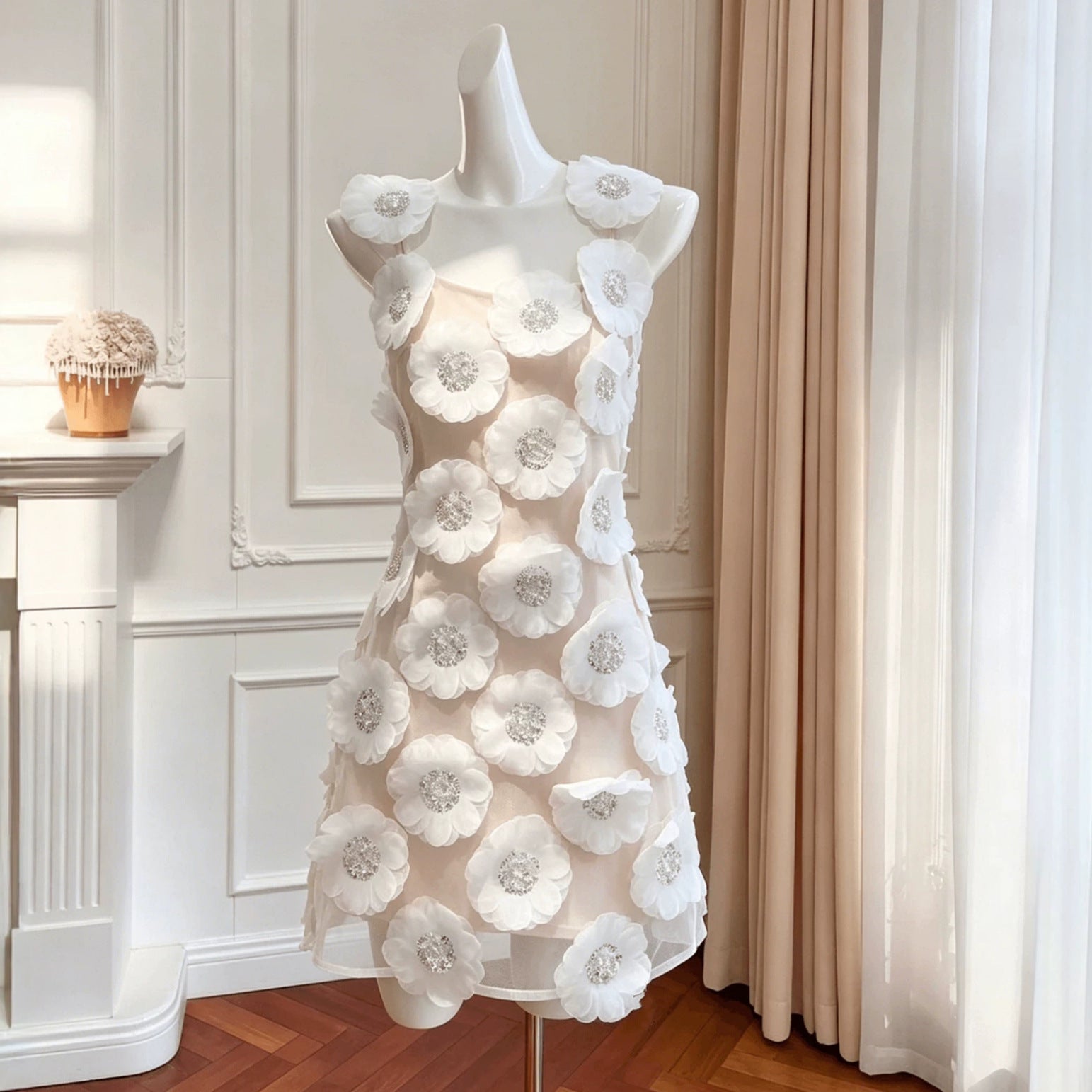 Lola Rhinestone 3D Flowers Mini Dress - White Avalabel