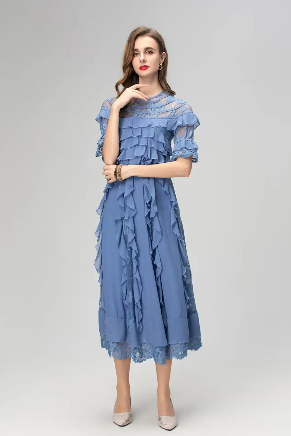 lorraine lace ruffle trim midi dress in blue Avalabel