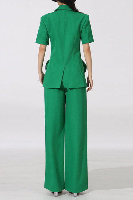 Green Flower Embellished Blazer with Wide-Leg Trousers Set