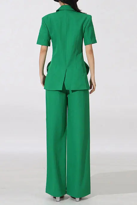 Green Flower Embellished Blazer with Wide-Leg Trousers Set Avalabel