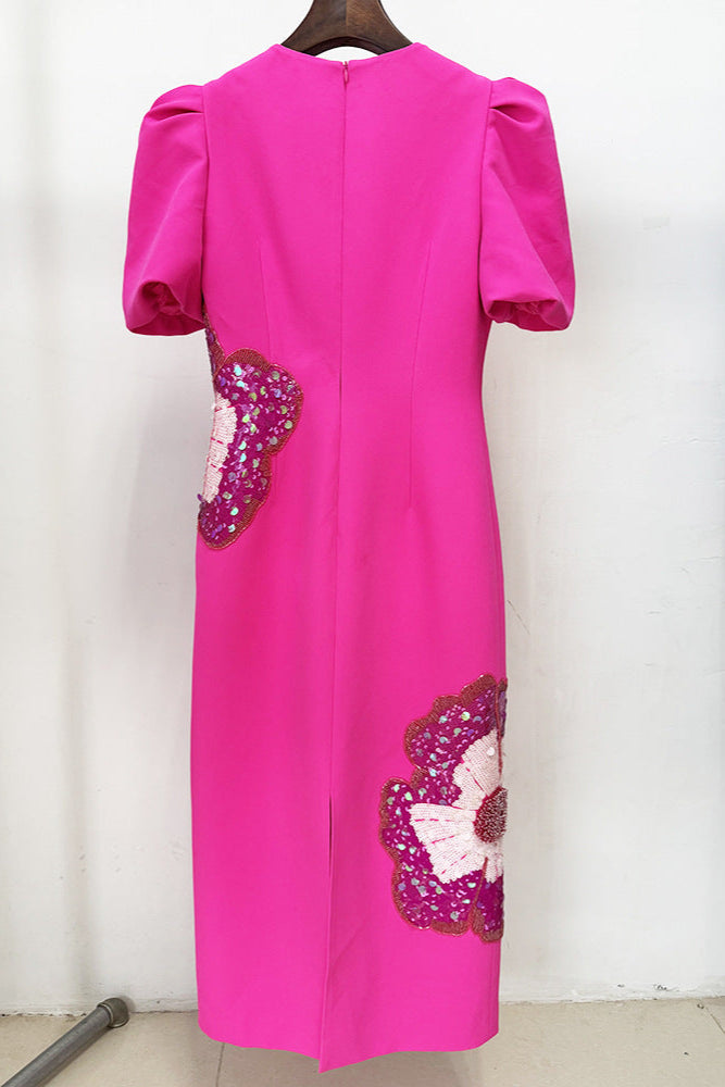 Sequin Flower Embellished Puff Sleeve Midi Dress in Pink Avalabel