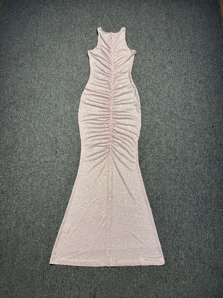 Hollow Mesh Rhinestone Sleeveless Maxi Dress in Pink Avalabel