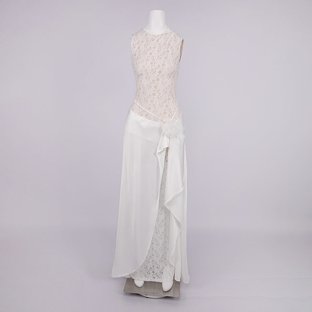 giselle flower embellished sleeveless lace maxi dress  in white