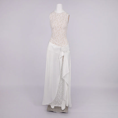 giselle flower embellished sleeveless lace maxi dress  in white