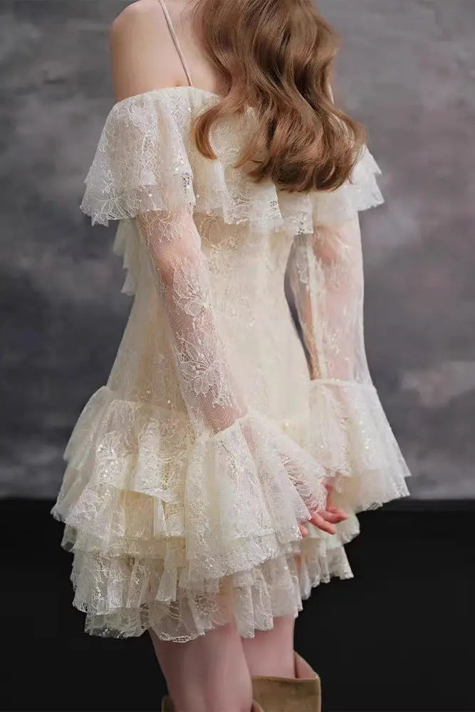 Elisha Off Shoulder Lace Ruffle Mini Dress Avalabel