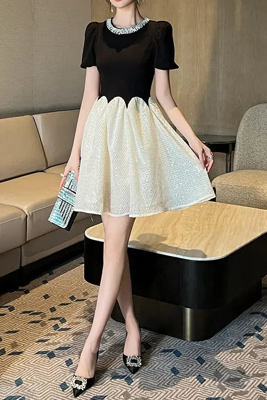 Leona Black-White Two-Tone Rhinestone Neck Sequin Mini Dress Avalabel