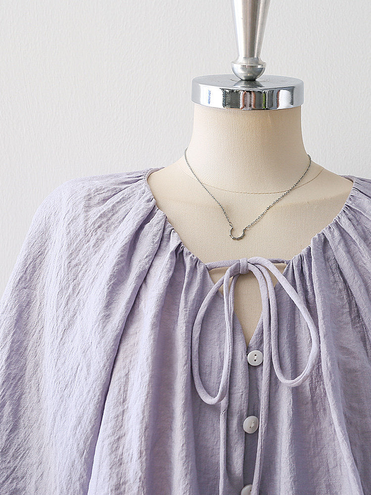 Gathered Drawstring Neck Dolman Batwing Short Sleeve Blouse poava