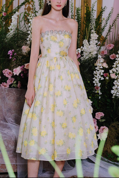 Lemon Yellow Strapless Long Cocktail Dress-Butter Cup