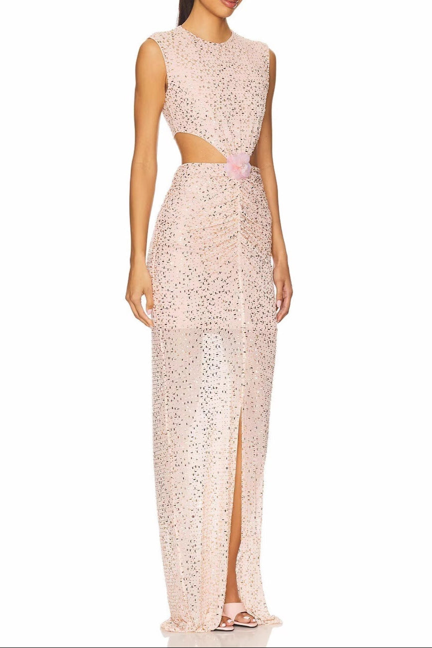 Vivien Flower Sequin Cutout Maxi Dress in Apricot Avalabel