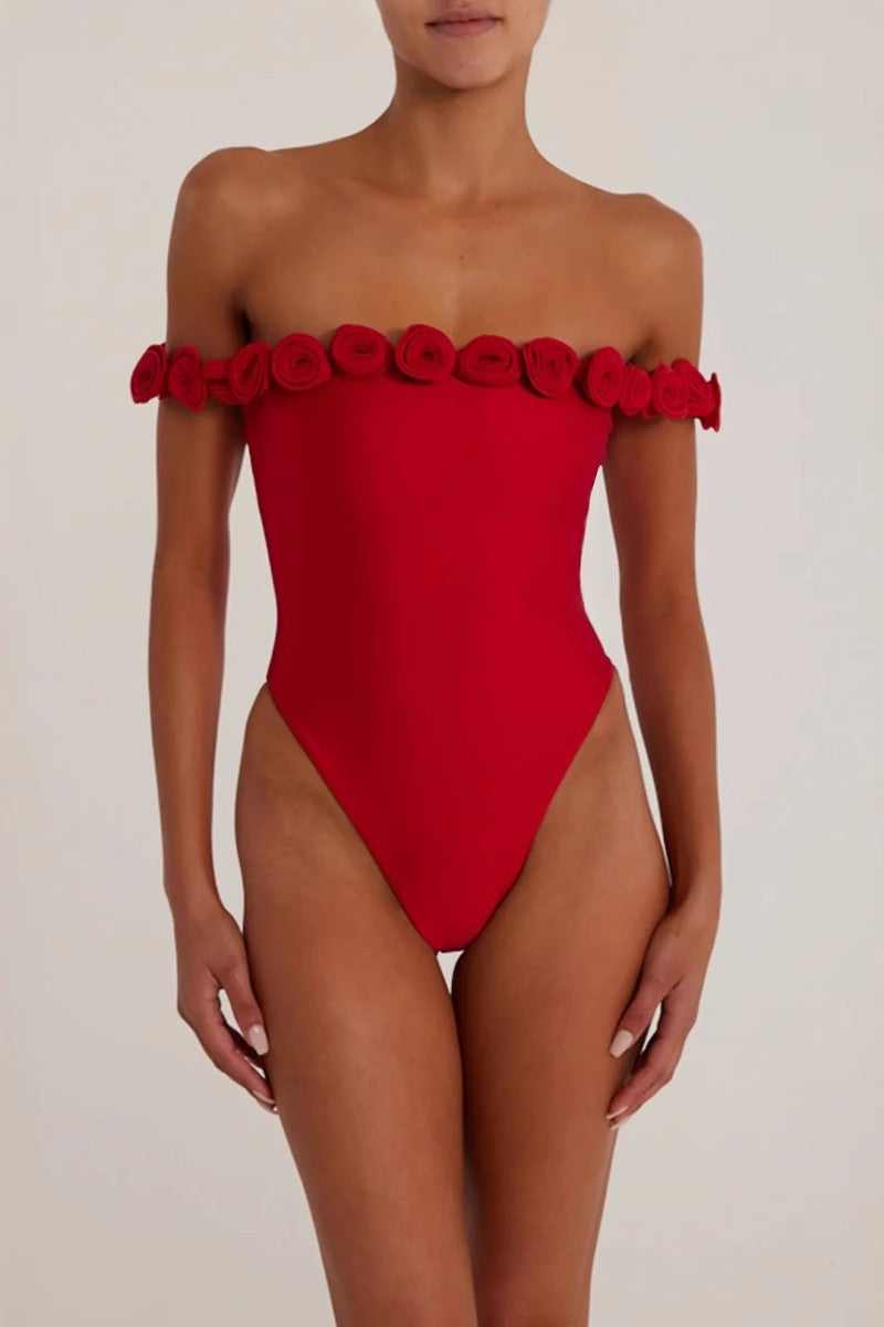 3d Flower Strapless Bodysuit in Red Avalabel