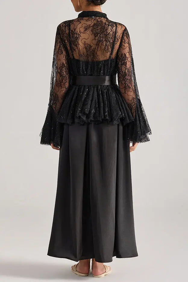 Tiffany Black Lace Bell-Sleeve Ruffle Embroidered top maxi skirt set Avalabel