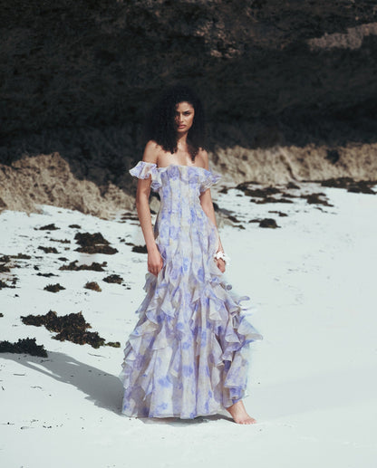 Helen Floral Frill Off-Shoulder Maxi Dress in Blue