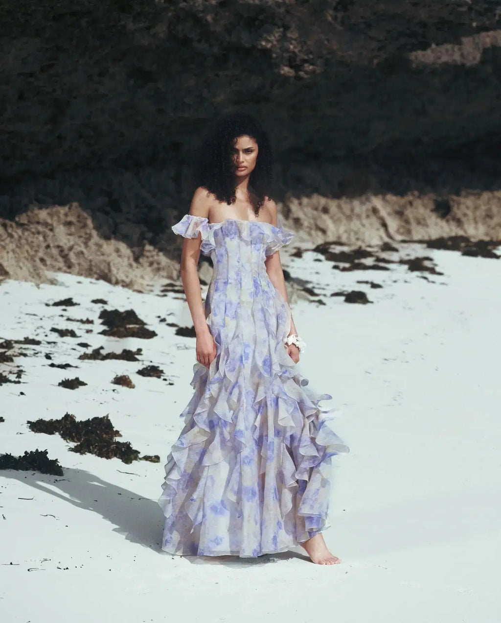 Helen Floral Frill Off-Shoulder Maxi Dress in Blue Avalabel