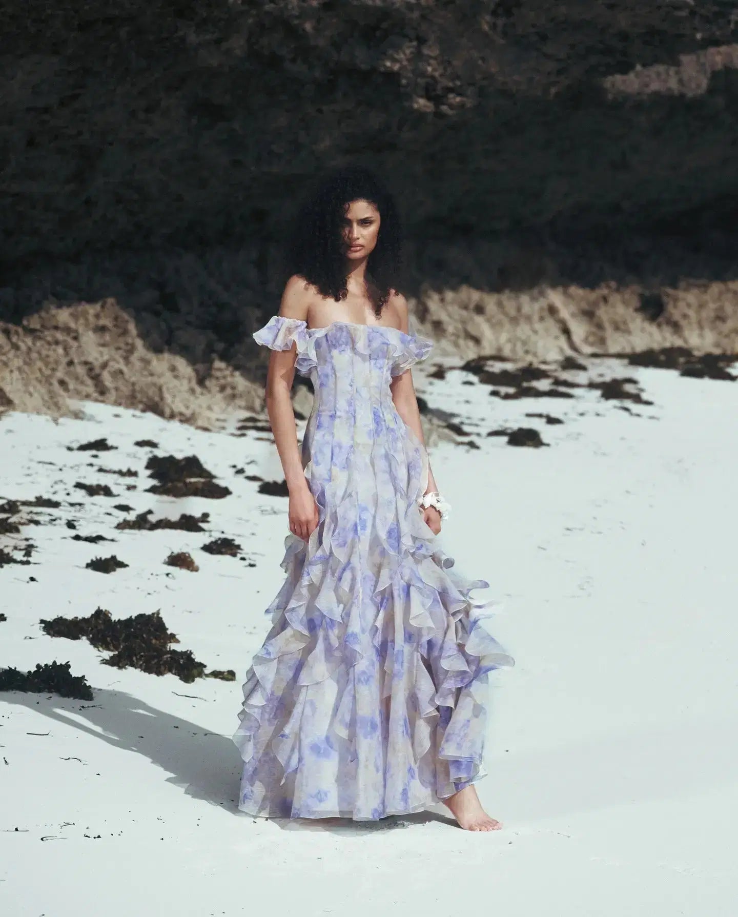 Helen Floral Frill Off-Shoulder Maxi Dress in Blue Avalabel