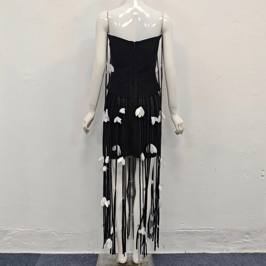 hilary black flower tassel strapless mini dress Avalabel