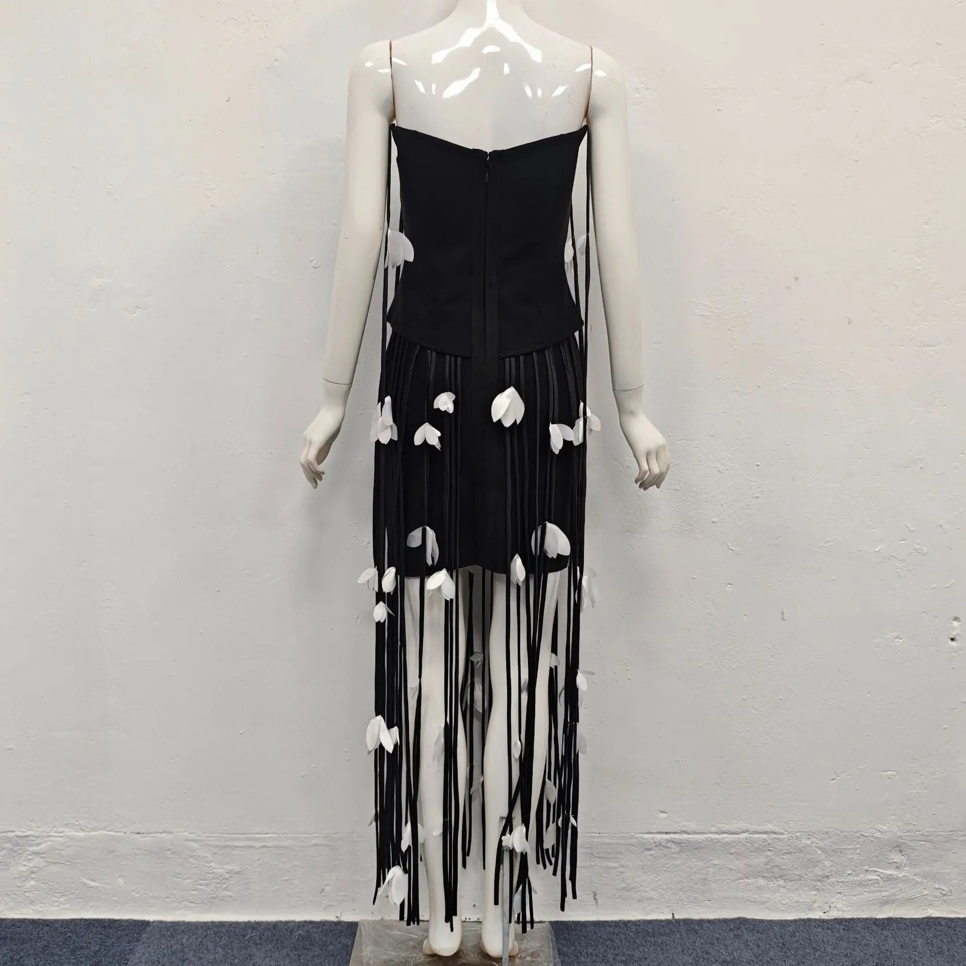 hilary black flower tassel strapless mini dress Avalabel
