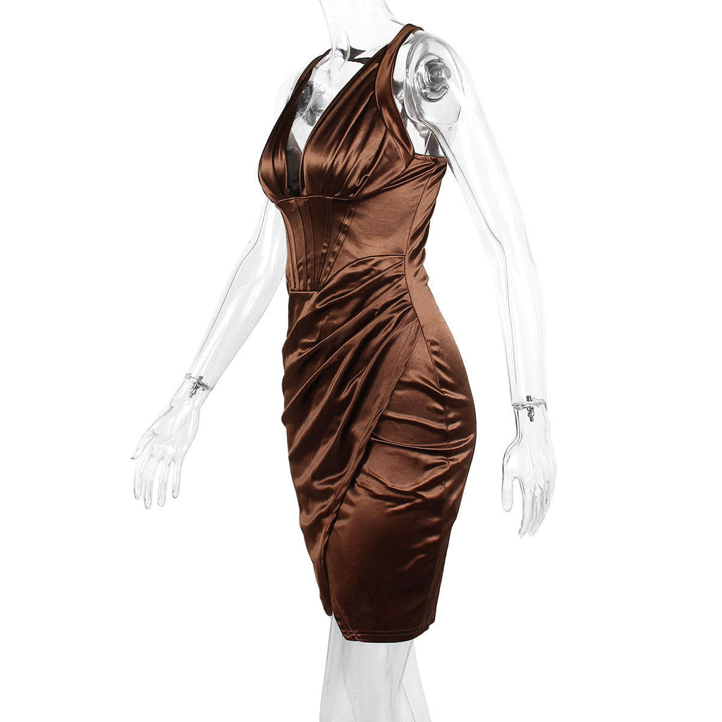 SATIN CORSET MINI DRESS IN CHOCOLATE Avalabel