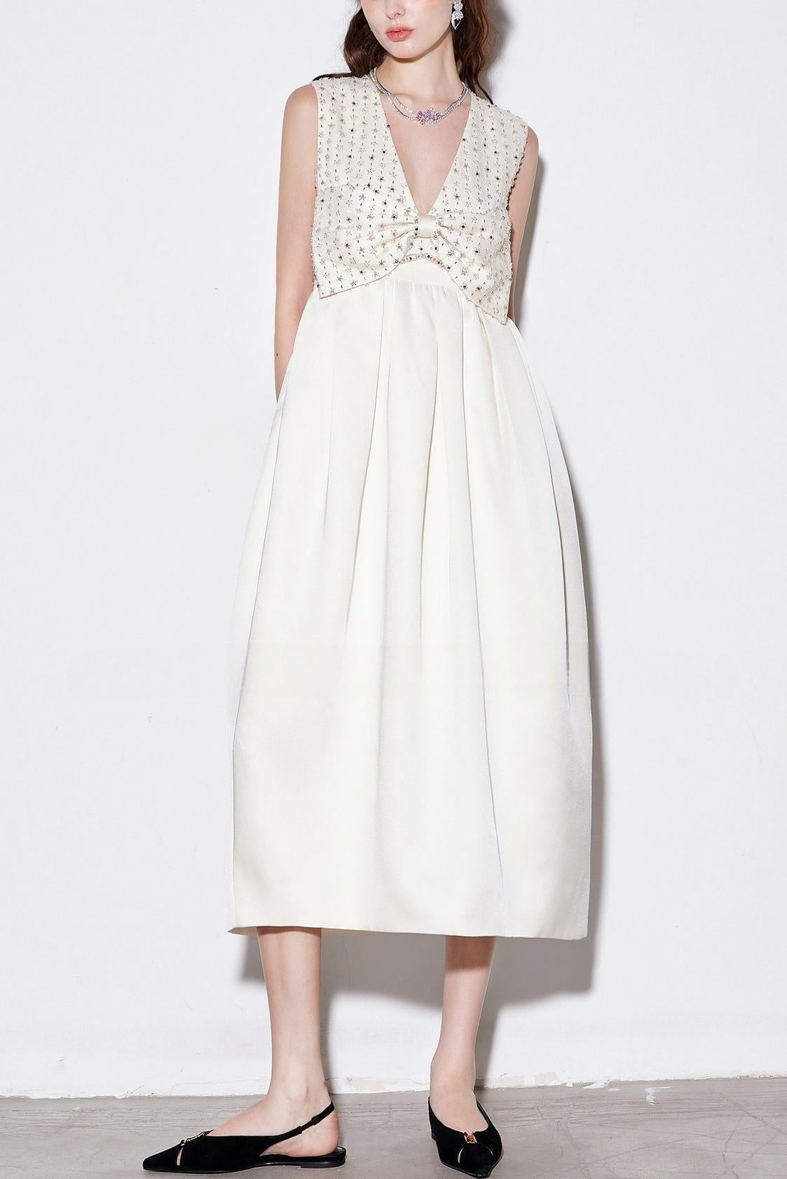 Alva V-Neck Rhinestone Embroidery Satin Maxi Dress in White