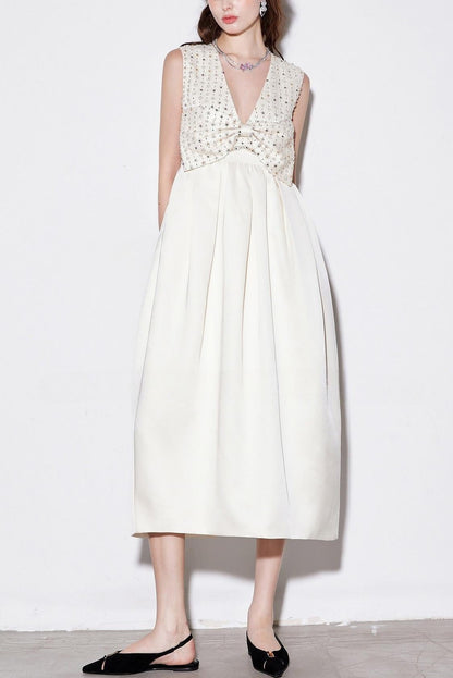 Alva V-Neck Rhinestone Embroidery Satin Maxi Dress in White
