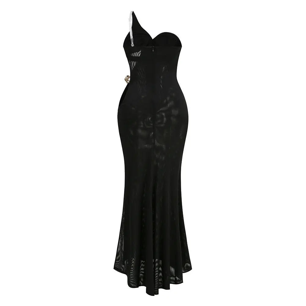 elvira one-shoulder Metal chain decoration maxi dress in black Avalabel