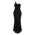 elvira one-shoulder Metal chain decoration maxi dress in black Avalabel