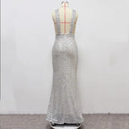 rebecca bow sequin embellished v neck maxi dress in silver Avalabel