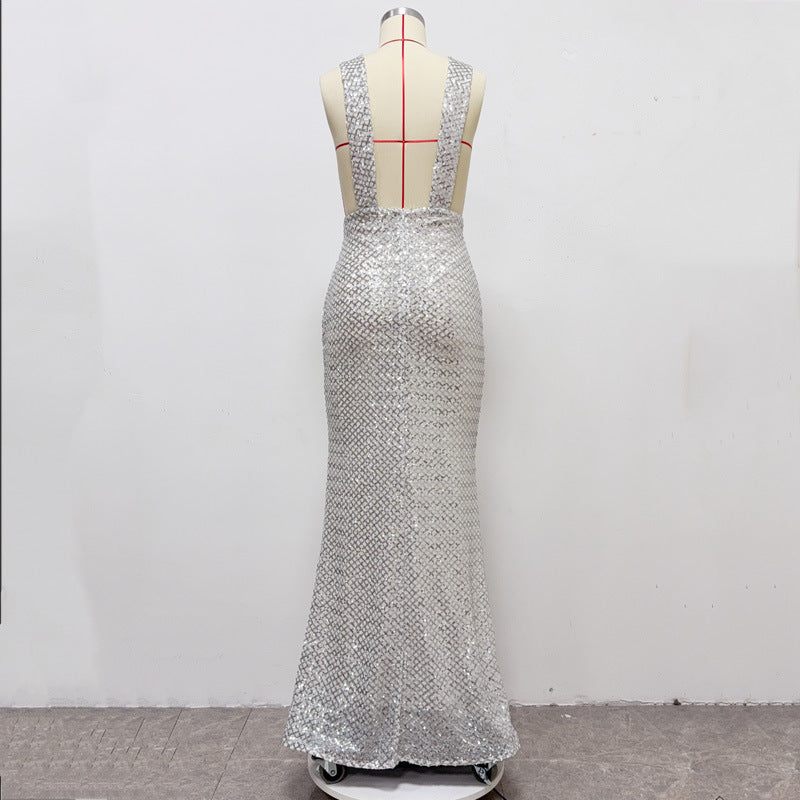 rebecca bow sequin embellished v neck maxi dress in silver