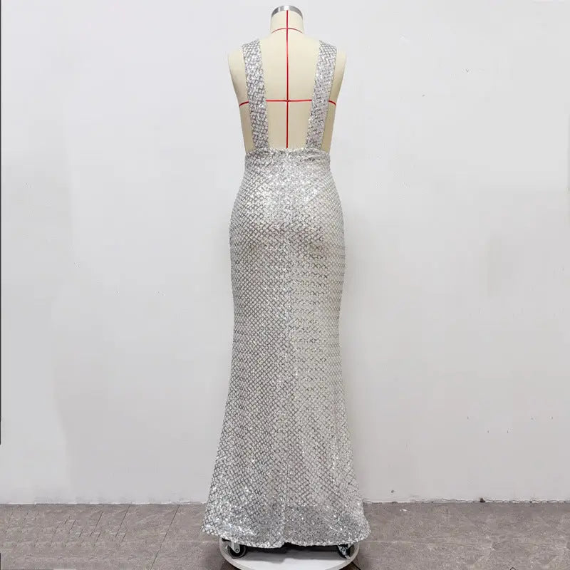 rebecca bow sequin embellished v neck maxi dress in silver Avalabel