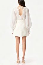 Floral Appliqué Sheer Organza Blouse & Mini Skirt Set - White Avalabel