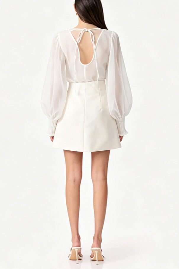 Floral Appliqué Sheer Organza Blouse & Mini Skirt Set - White Avalabel