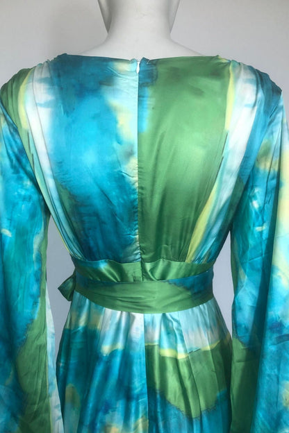 Green Multicolor Floral Print Puff Sleeve Maxi Dress