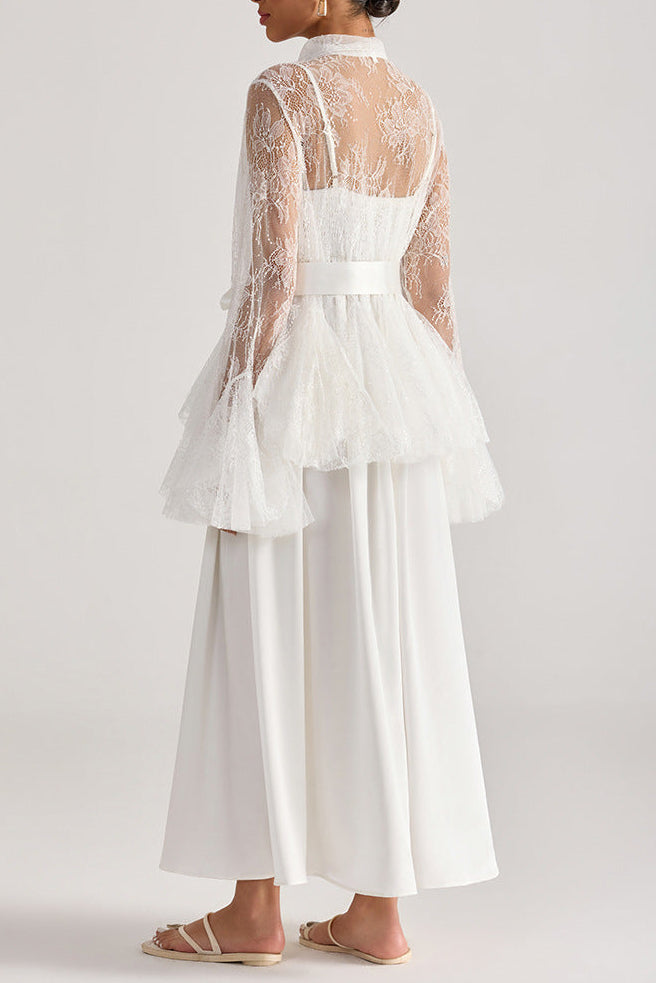 Tiffany White Lace Bell-Sleeve Ruffle Embroidered Top Maxi Skirt Set