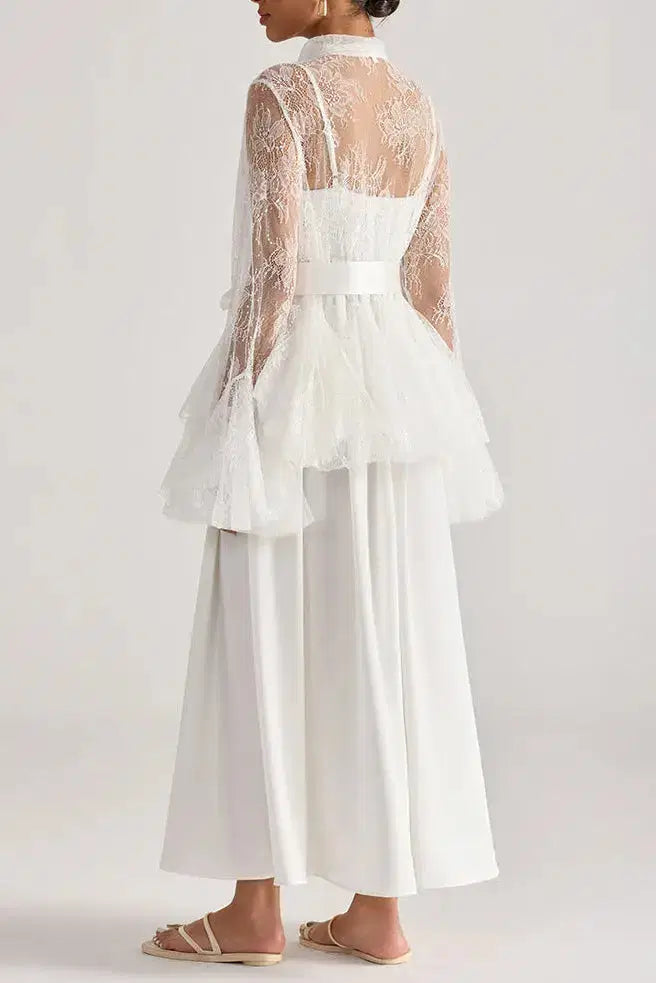 Tiffany White Lace Bell-Sleeve Ruffle Embroidered Top Maxi Skirt Set Avalabel